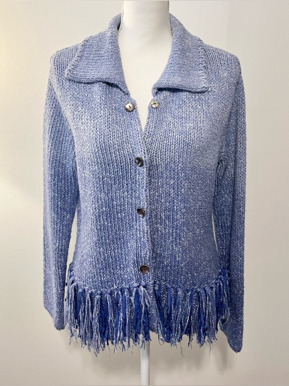 Vintage Tinu & Stu Fringed Cardigan Sweater in Blue. Cotton Blend. Size Large